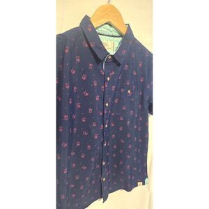 Free Planet Mens Short-Sleeve Button Up. Navy with pink palm trees- Medium